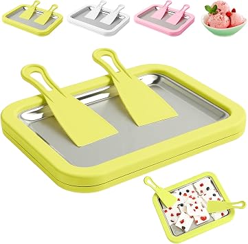 Instant Ice Cream Maker, Rolled Ice Cream Maker, Frozen Yoghurt Plate Instant Gelato Pan Roll, Homemade DIY for Fun Activities Families with 2 Scrapers Green