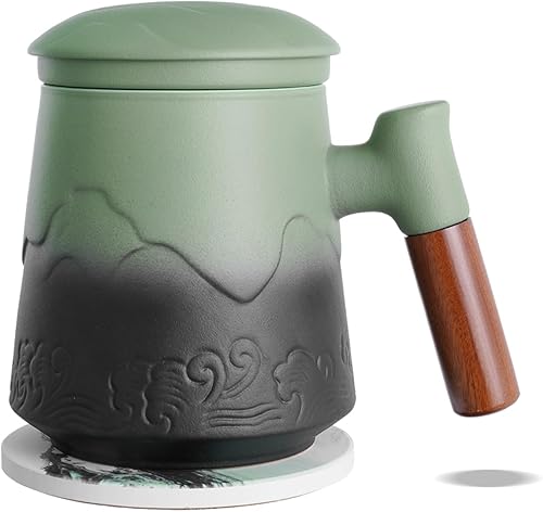 ZENS Taza de té con infusor y tapa para té de hojas sueltas, taza de té de cerámica de 15.2 onzas con coladores de té finos y posavasos de