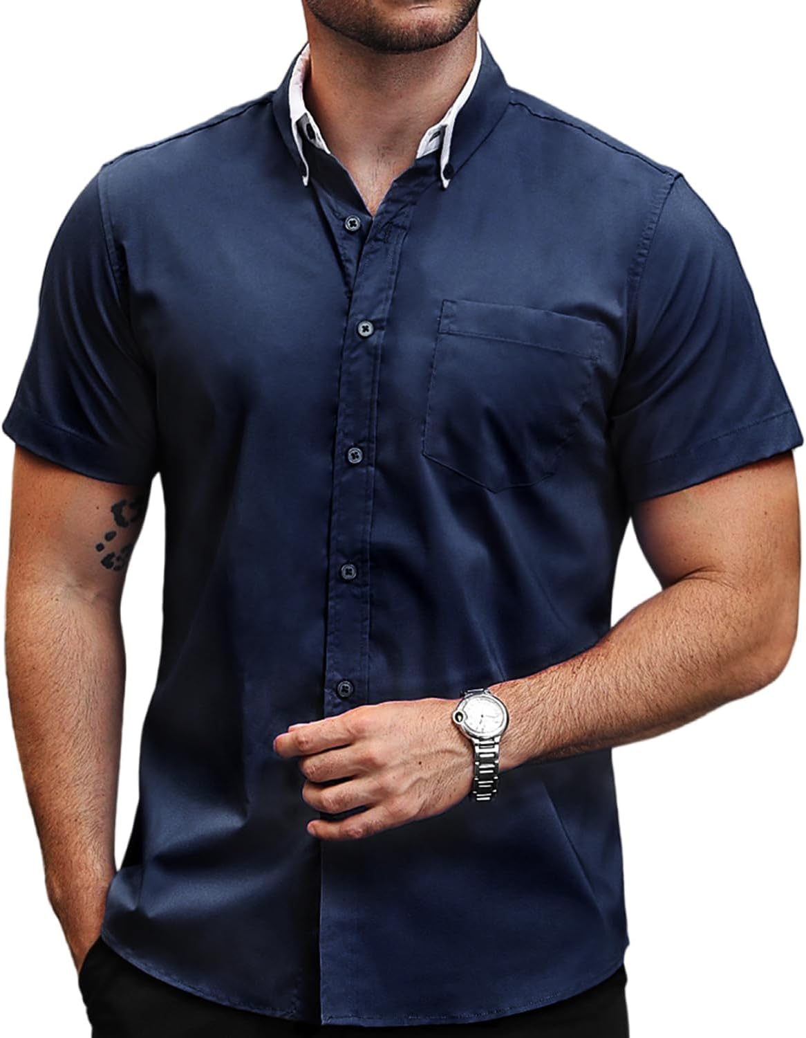 TUNEVUSE Mens Short Sleeve Dress Shirt Solid Casual Button Down Shirts Tops with Pocket for Summer Business Wedding - Image 2