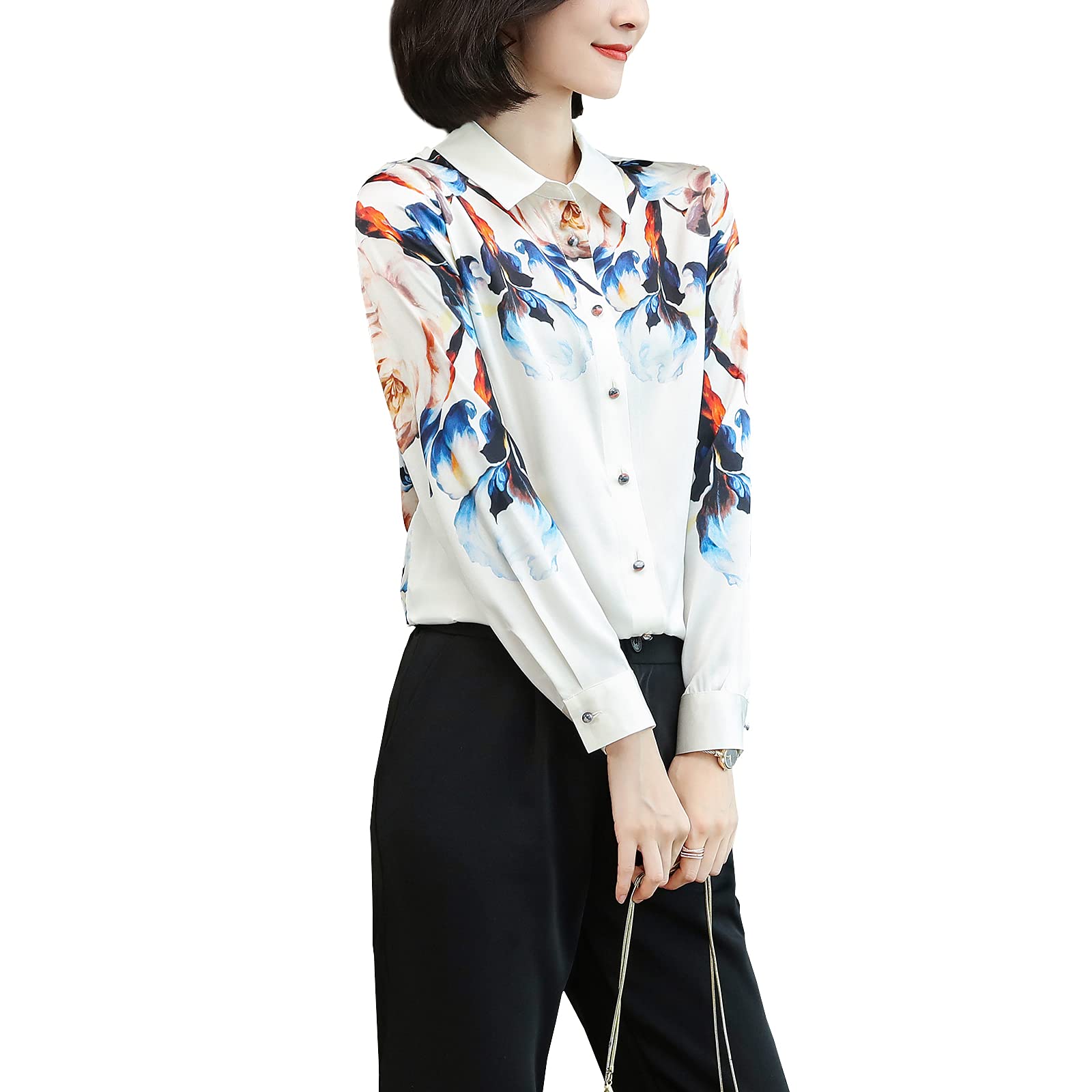 Valin S9099 - Camicia da donna con stampa a bottone, a maniche lunghe, in seta