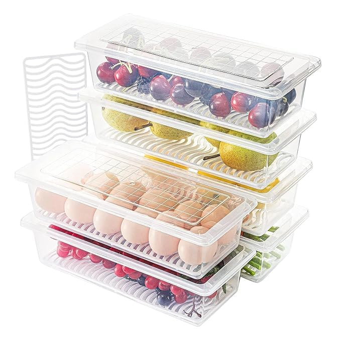 Image of Fridge Organizer Boxes Set of 6, With Drain Plate 1500ML Refrigerator Storage Containers with Blue Lids & Stackable Design for Fruits, Vegetables & Kitchen Use