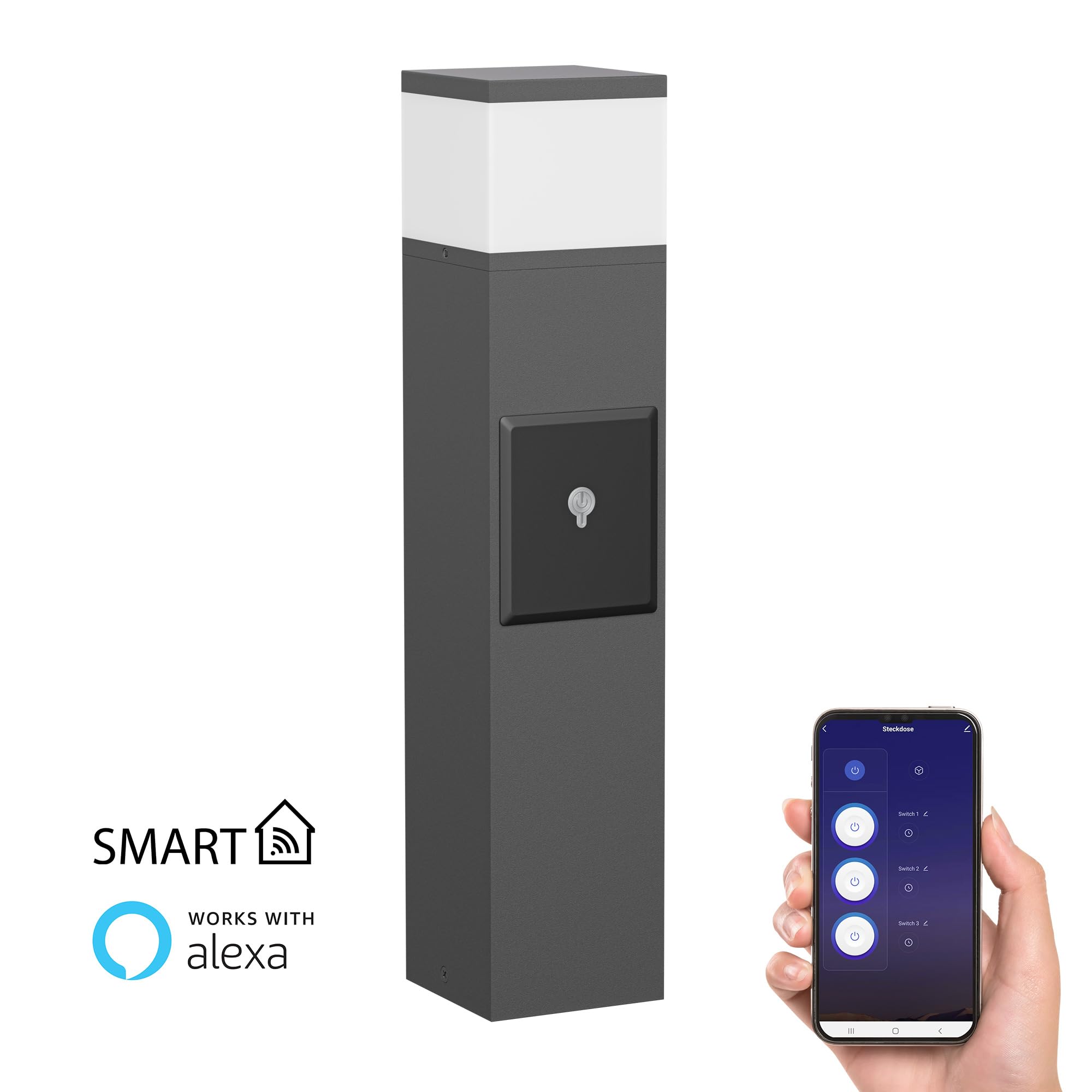 ledscom.de 2 Stück Wegelicht/Pollerleuchte PODEL für außen, IP44, Smart Home, WLAN, Alexa, 39 cm, anthrazit, 1x G9 max. 10W, 2 Steckdosen