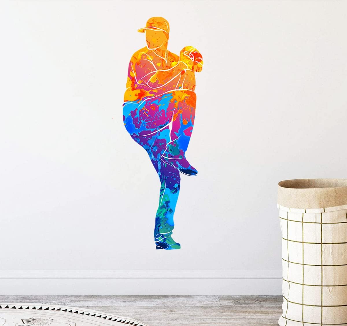 Colorful Baseball Player Wall Decals Sport Theme Baseball Wall Stickers Peel & Stick Colors Splash Wall Art Decor for Boys Teens Room Kids Bedroom Playroom Decoration