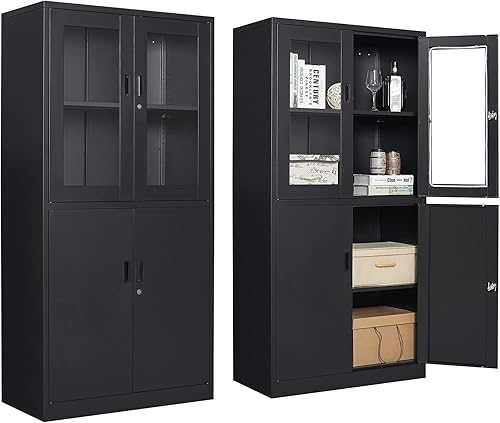 Vitrina de 71 pulgadas de alto con estantes ajustables, vitrinas de 4 puertas con puerta de vidrio, vitrina de metal negro, caninete de