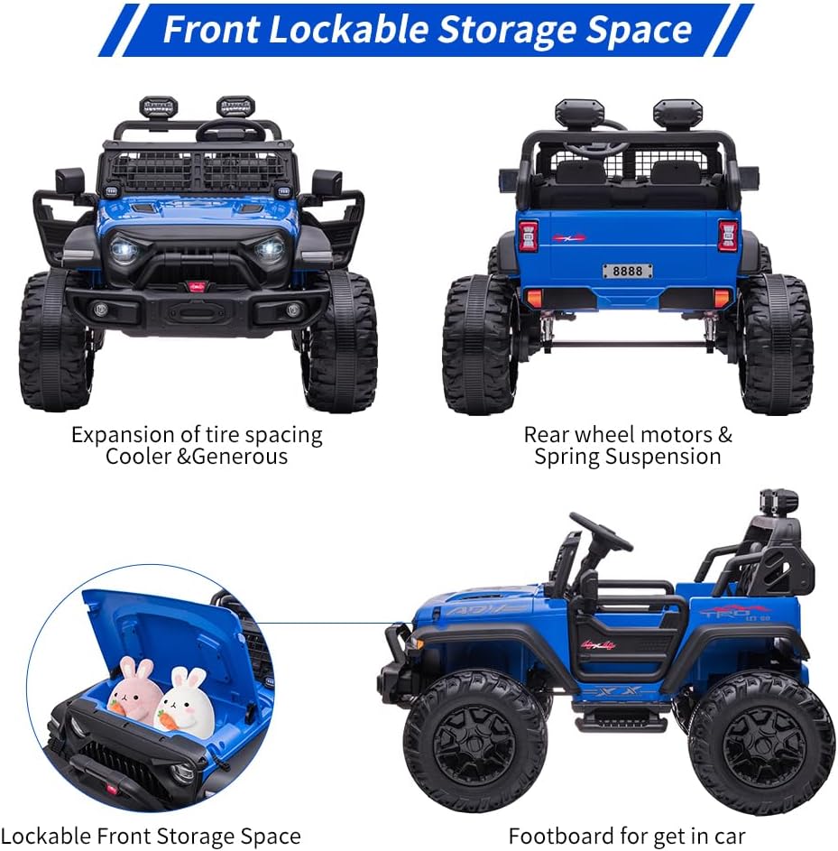 GarveeLife 24V 2 Seaters Kids Ride Truck with Remote Control, 9AH Battery Two 120W Motors Kids Electric Car with 20" Seat for Big Kids Toddlers, LED Headlights, Storage, Bottle Holder, FM, USB, Blue
