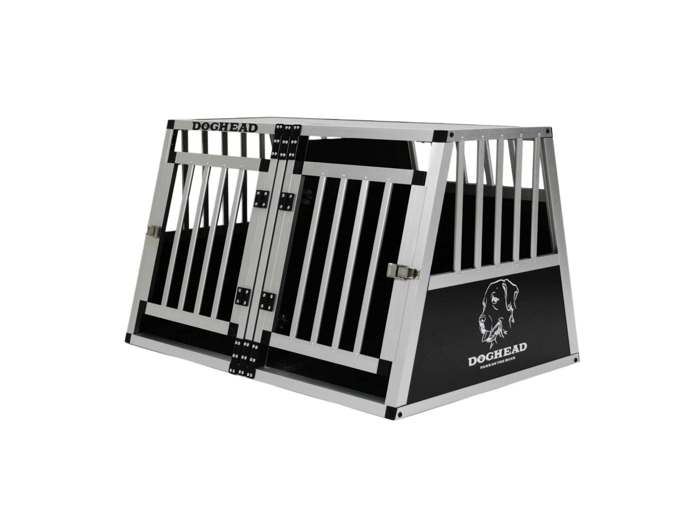 DOGHEAD Hundetransportbox Ecoline, Double 90x65x55 cm, Schwarz, Aluminium, Beidseitig Abgeschrägt 75°, 2 Trennwände