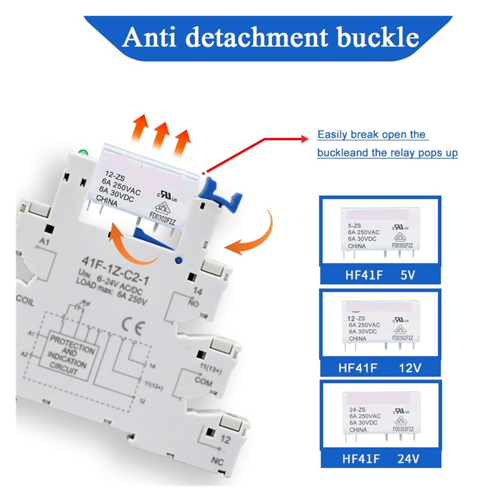 10PCS Relay DIN Rail Slim Relay Module 24V 12V 5V HF41F 250VAC 30VDC 6A Industrial Interface Relay HF41F-5V/12V/24V-ZS(10PCS 12V)