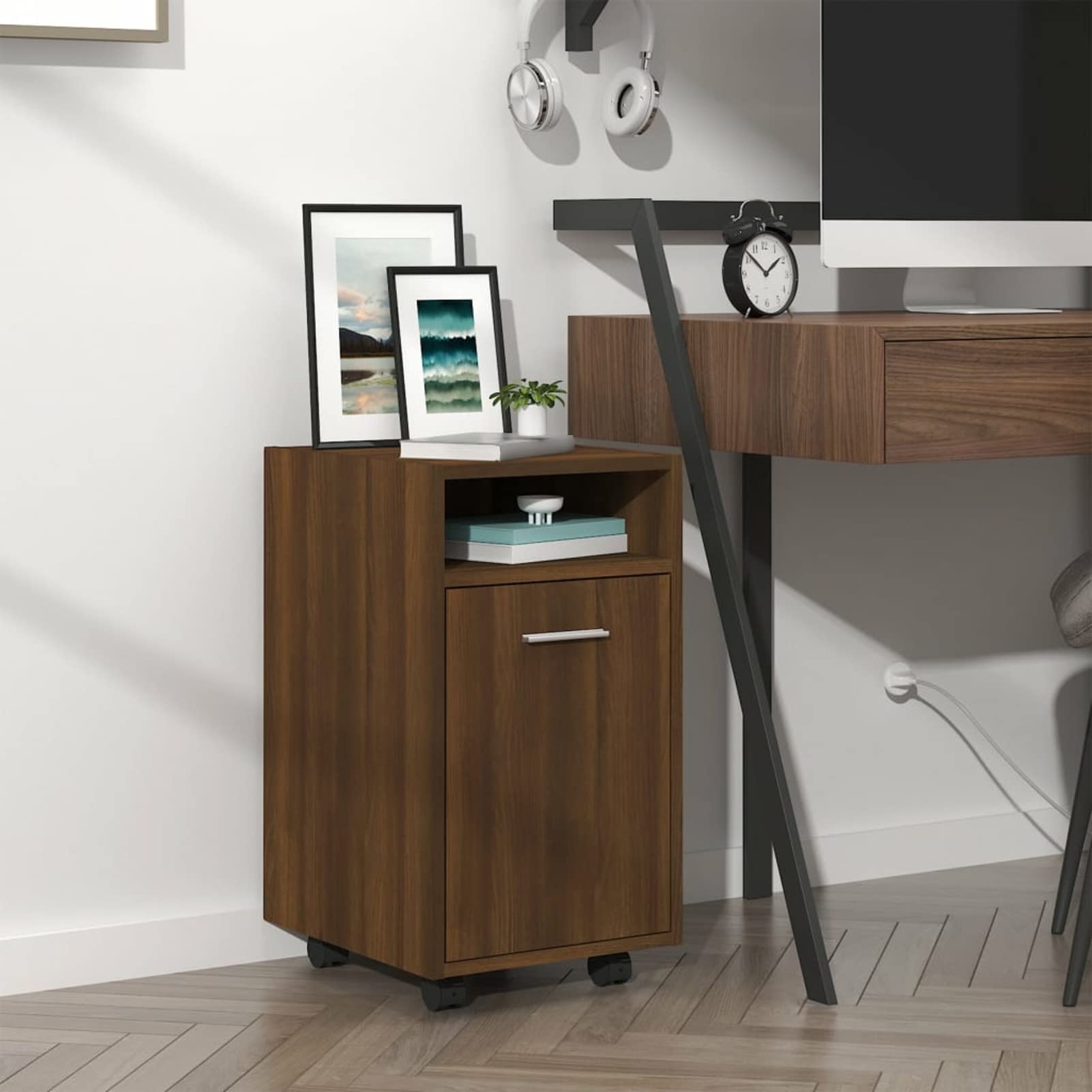 Beistellschrank mit Rollen Aktenschrank Schreibtischcontainer Bürocontainer Büroschrank Schrank Büro Rollschrank Sideboard-Schrank Wohnzimmer Braun Eiche 33x38x60cm Holzwerkstoff