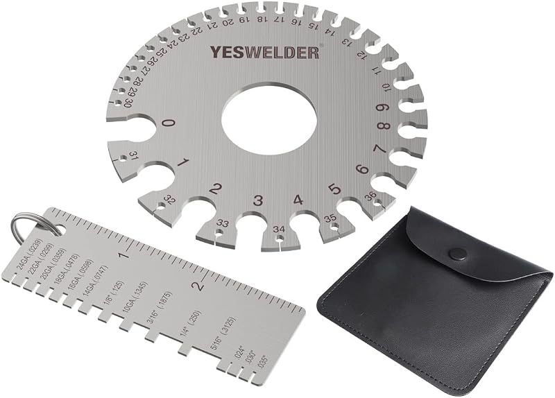 YESWELDER Medidor de espesor de hoja de metal y medidor de espesor de hoja de metal redondo de doble cara, 2 unidades, medidor de soldadura de alambre de acero inoxidable | acero inoxidable, paquete de cuero