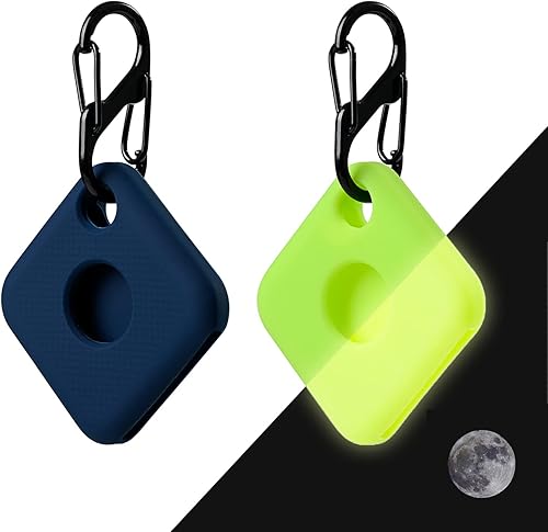 Funda de silicona para Tile Pro 2020 y 2018 con llaveros, paquete de 2 fundas protectoras antiarañazos con mosquetón (azul marinoverde fluorescente)