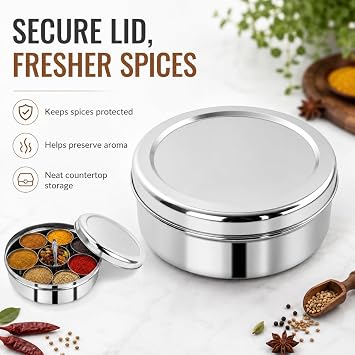 Spice Box Masala Dabba with 7 Compartments made out of Highest food grade stainless with FREE Serving spoon (Stainless Steel Lid, 22cm)