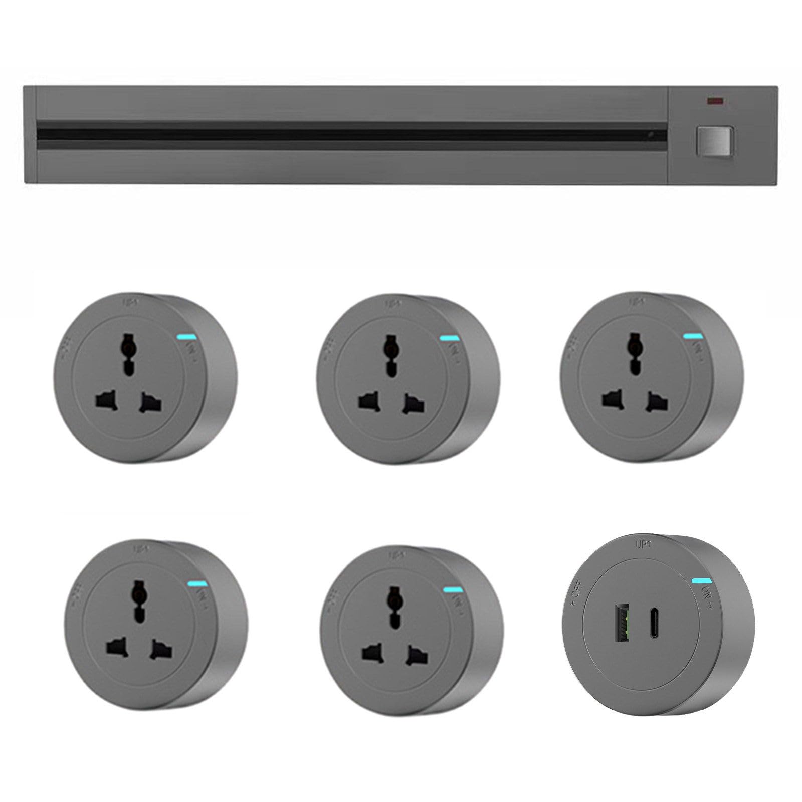 Listwy zasilające Gniazdo szyny ślizgowej — listwa zasilająca ze stopu aluminium 32A, 8000 W, z regulowanymi adapterami do warsztatu domowego biura (110–220 V)(Gray,80CM)