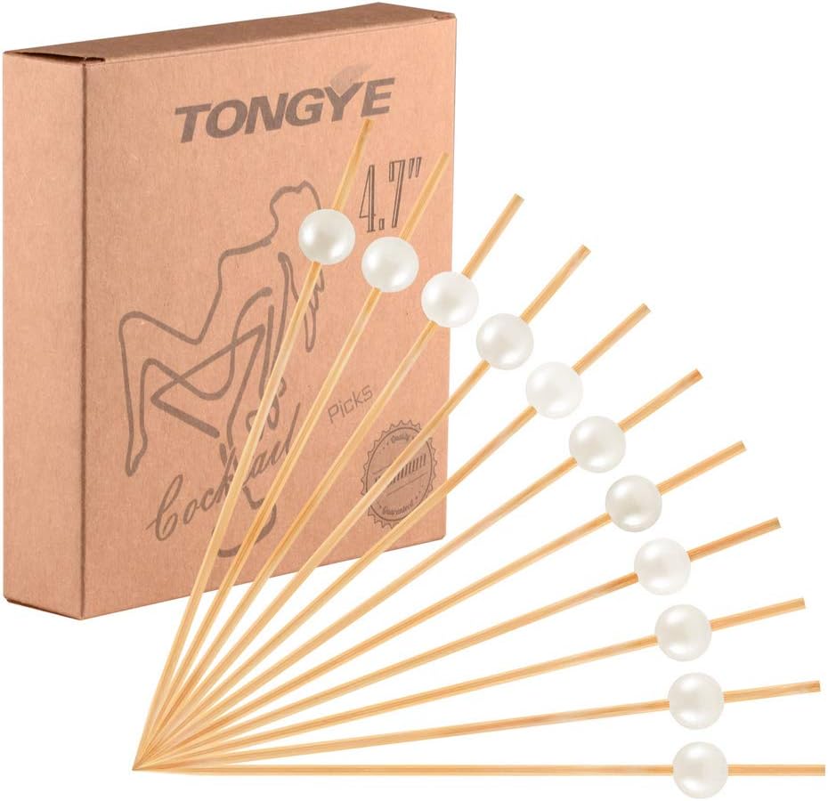 Bamboo Cocktail Picks 4.7 Inch, Handmade Party Toothpicks - Decorative Skewers for Appetizer, Drink, Fruit, Sandwich of Wedding, Baby Shower, and Tea Party. (White Pearls, 100 Counts)