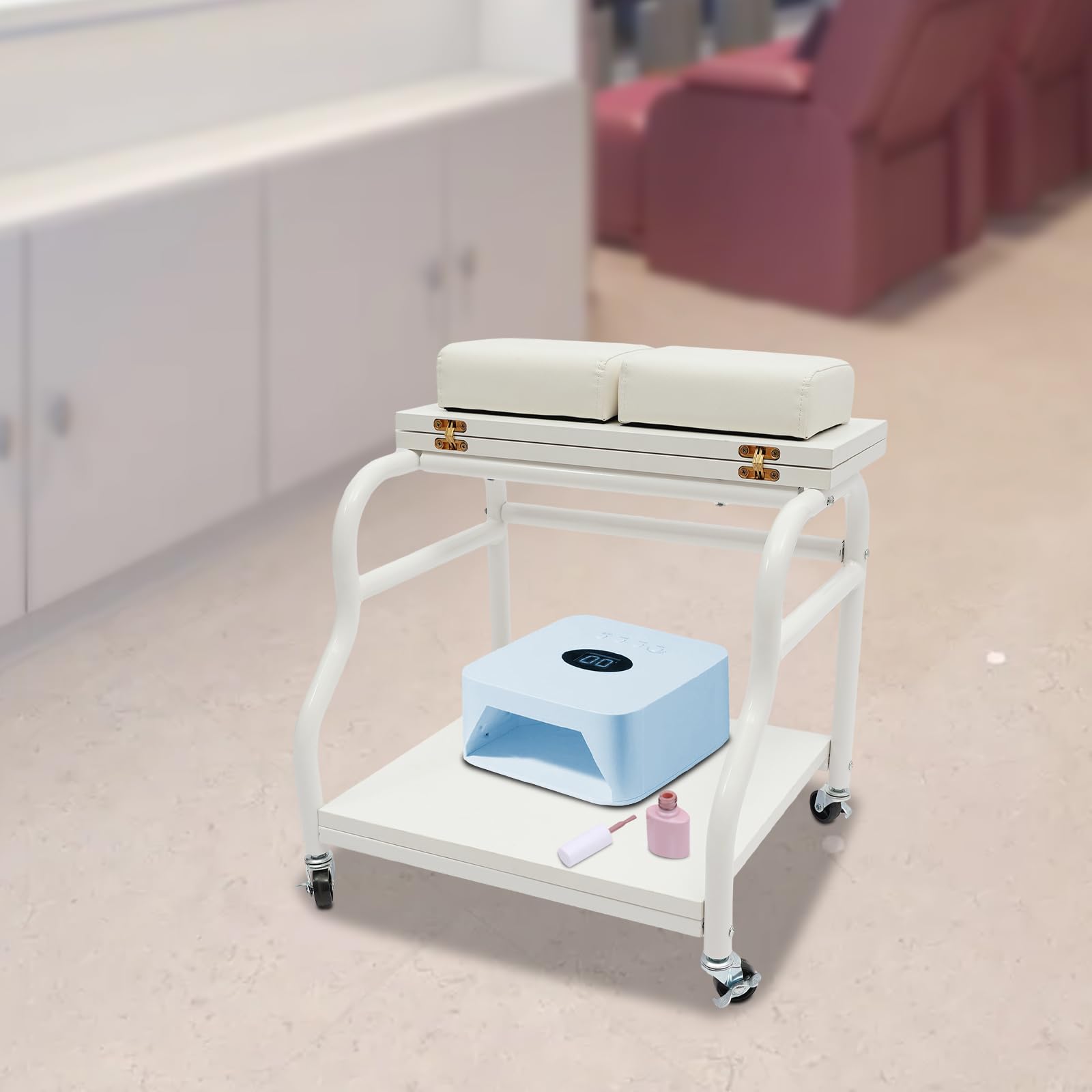 Fußbadewagen mit Universalrädern für Fußmassagen und Maniküre | für Schönheitssalons und Familienbäder | 2-Tier-Design | Innenbereich | 4 Universalräder & Faltbare Platte (Weiß)