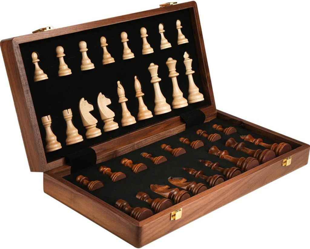 Traditional Games Chess Folding Chess Set Wood Standard Edition Chess with 2 Extra Queens Portable Travel Chess for Kids and Adults