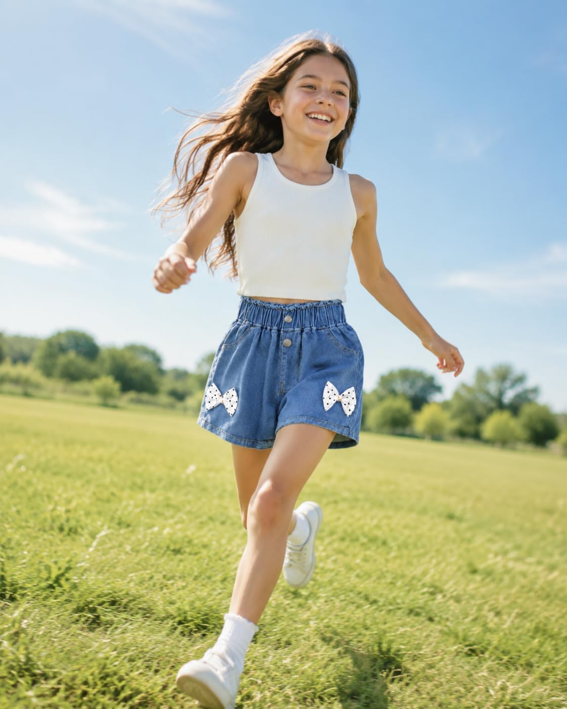 IEDWEI 4 Pack Girls Denim Shorts with Pockets & Elastic Waist-Cute Summer Girls Jean Shorts for Casual & School (6-8Y)
