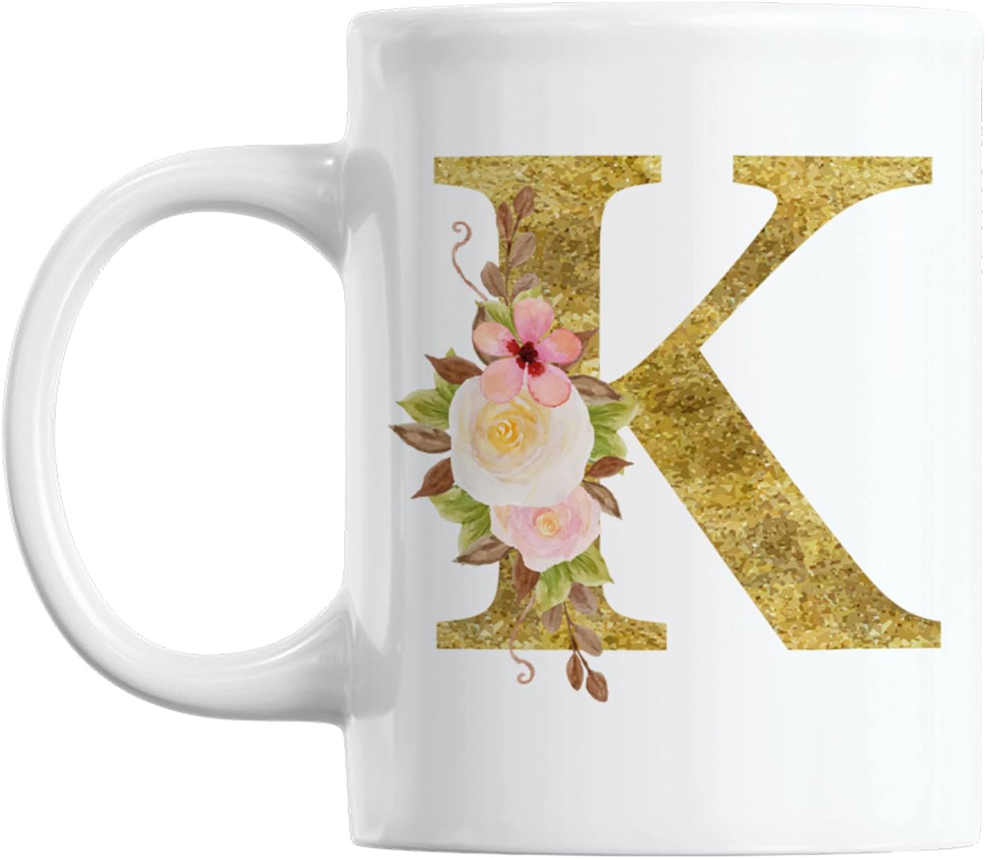 Floral Watercolor K Initial Monogram White Ceramic Coffee & Tea Mug (15oz)
