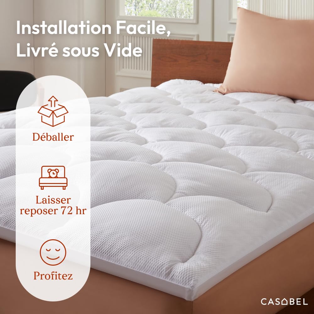 CASABEL Surmatelas 140x200 cm en Microfibre Rafraîchissante, Garnissage Fibre Creuse 600 GSM, 4 cm d’Épaisseur, Fixation Élastique - sur Matelas 2 Personnes 140x200