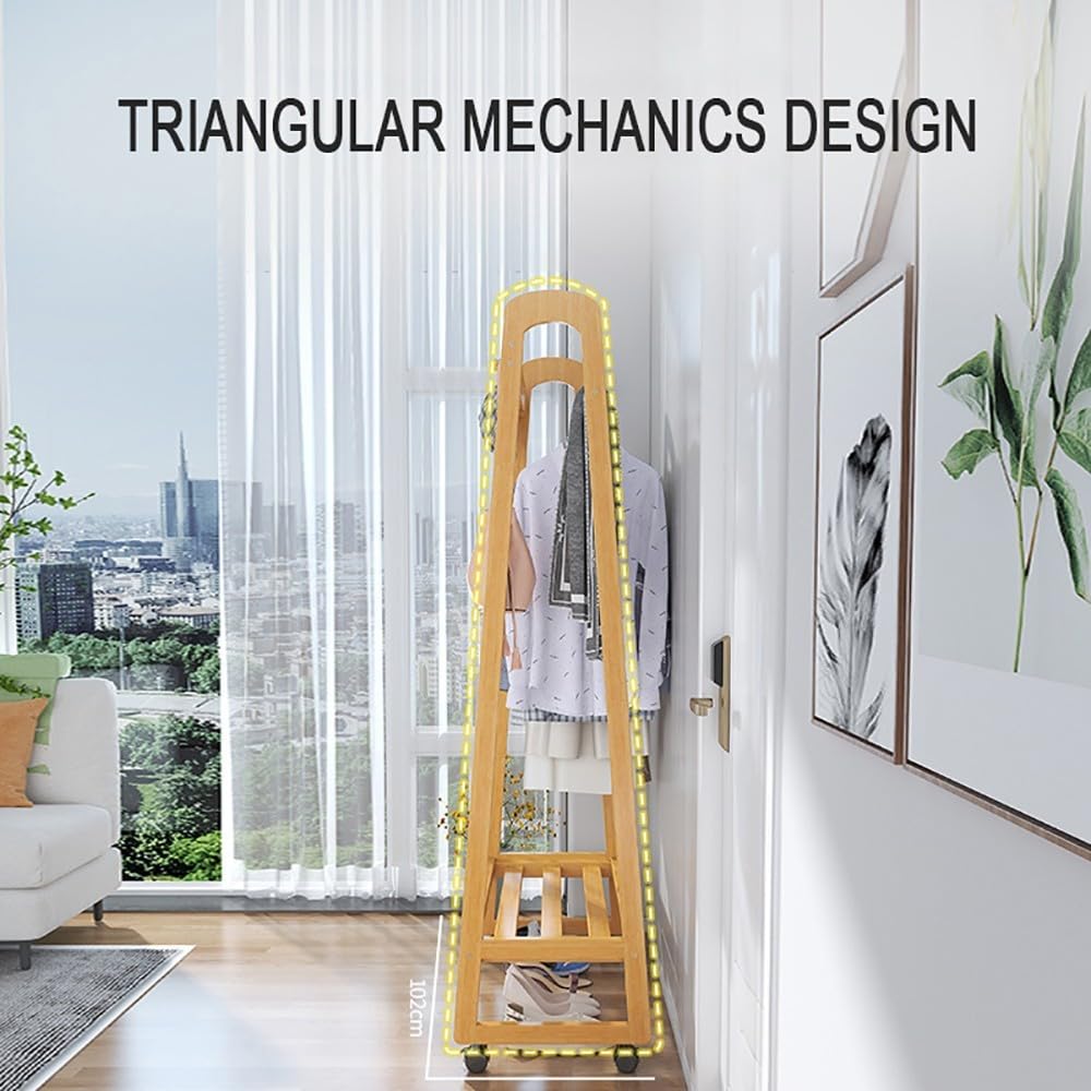 Stand Appendiabiti In Legno Di Bambù 70X33X153Cm Con Ruote 2 Ripiani - Foto 2