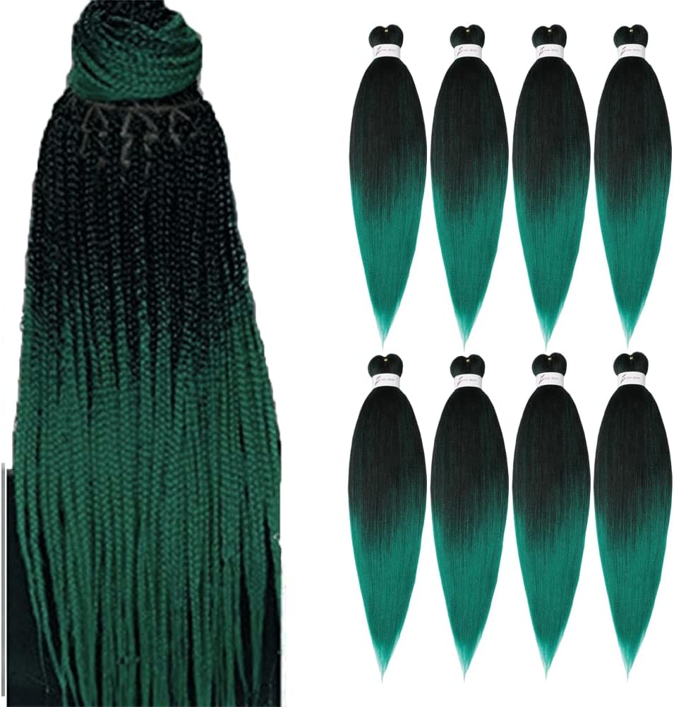 Pre-Stretched Braiding Hair Extensions Ombre Black to Green - 20 inch 8 Packs Synthetic Crochet Braids, Hot Water Setting Professional Soft Yaki Texture (20inch,#1B/Green)