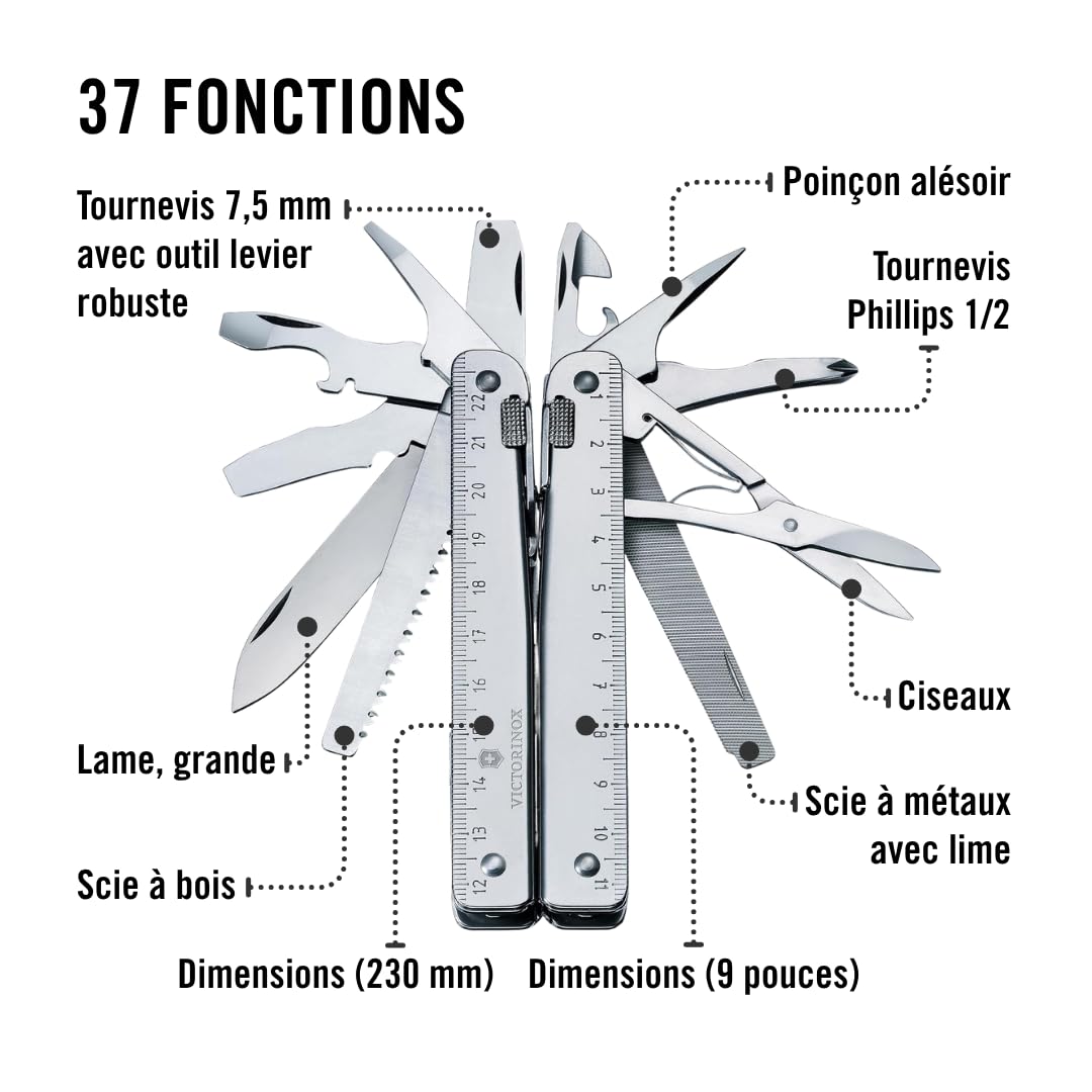 Victorinox Swiss Tool X Plus Couteau de Poche Suisse, Couteau Multifonction, 37 Fonctions, Tire Bouchon, Lame Fixe, Etui, Argent