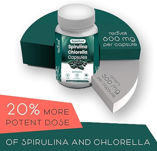 Miniatura 4 de Teaveli Cápsulas orgánicas de espirulina y clorella, 180 pastillas de clorofila, cápsulas de polvo de algas verdes azules para apoyar la