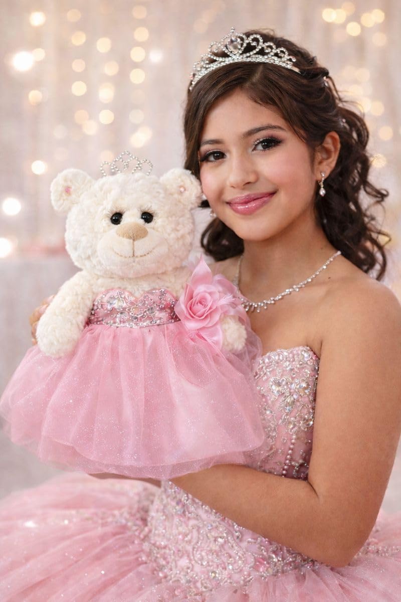 KINNEX COLLECTIONS SINCE 1997 Classic Size Quinceañera Bear with Elegant Dress – Gift-Ready Keepsake and Centerpiece Decoration for 15 Años, OSO Quinceañera Tradicional B14631-3 (Pink)