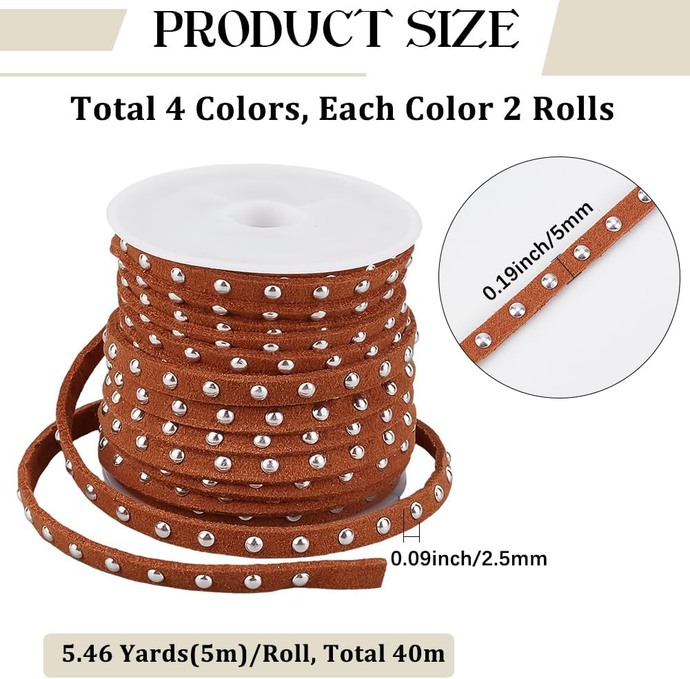 43.74 Inch Studded Faux Suede Cord Rope for Jewelry Making 5mm Wide Flat Leather Lace Beading String 4 Colors Strips Trim Ribbon with Silver Punk Rivets for Necklaces Bracelets DIY Crafts