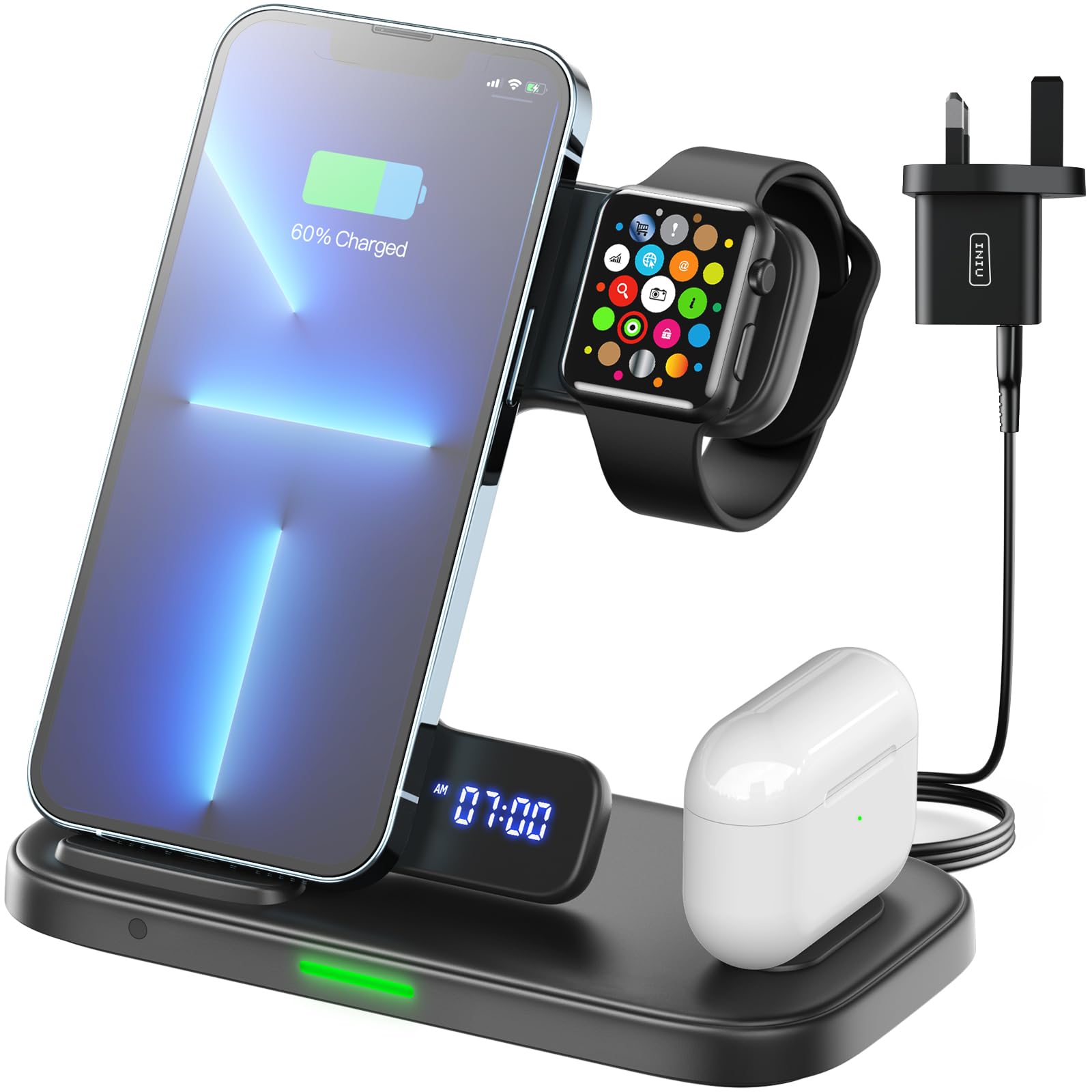 ZOVHYYA Caricatore Wireless 4 In 1 15W Per IPhone, Apple Watch E AirPods – Pieghevole Con Adattatore QC 3.0