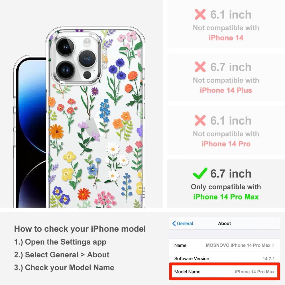 MOSNOVO Case for iPhone 14 Pro Max, [Buffertech 6.6ft Military-Grade Drop Protection] [Anti Peel Off Tech] Clear TPU Bumper Phone Case Cover Design - Botanical Floral - Image 2