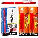 Pilot FriXion Clicker Retractable Gel Ink Pens, Eraseable, Fine Point 0.7mm, Red Ink, Pack of 12 with Bonus 2 Packs of Refills