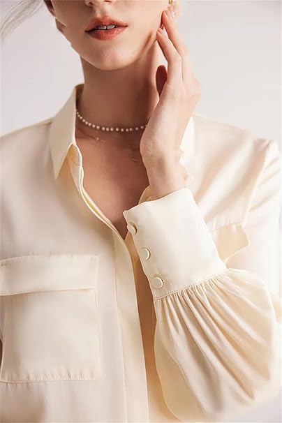 Tシャツ・カットソー PLAIN Beige Long Sleeves Blouse in Silk Woman DaisySilk Silk Shirt Crew Neck Blouse Ladies Pullover Tops