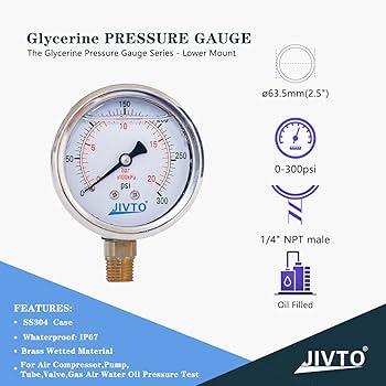 Amazon | 圧力ゲージ 液体充填 直径2.5インチ 0-300 psi/bar/kpa