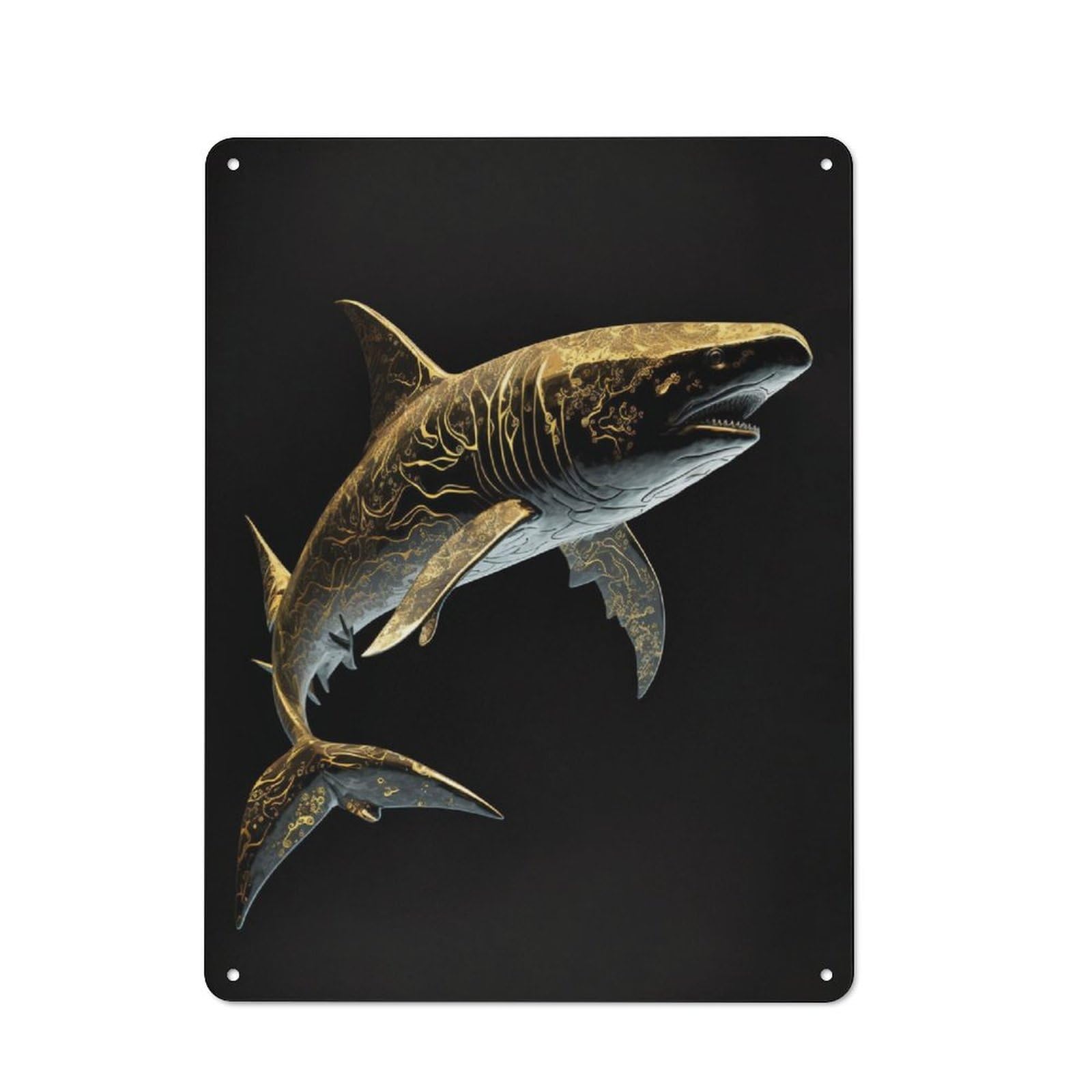 Junmoney Black And Gold Shark Character Decorative Tin Plaque 40X30cm Featuring Home Wall Decor For Flat, Dorm Room, Lounge Or Cafe
