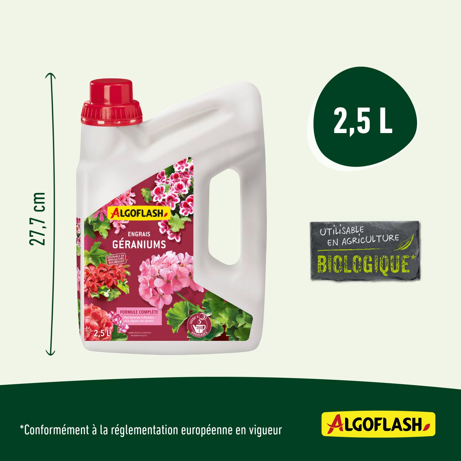 Algoflash Engrais Liquide Géraniums, Utilisable en Agriculture Biologique, Bouchon Doseur Inclus - 2,5 L