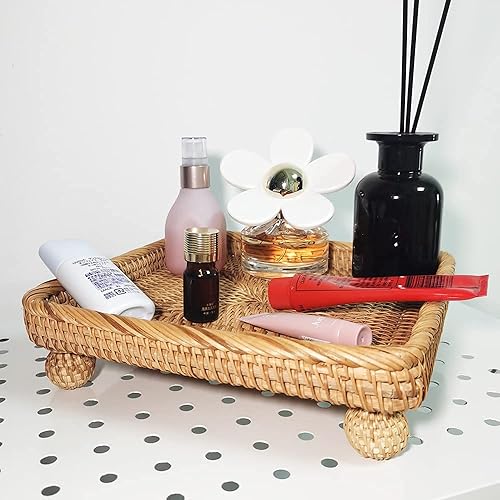 Miniatura 5 de Cesta de servir de ratán de 9 pulgadas, cuenco cuadrado tejido con soporte lateral y pedestal de 1 pulgada, bandejas decorativas de mimbre plano