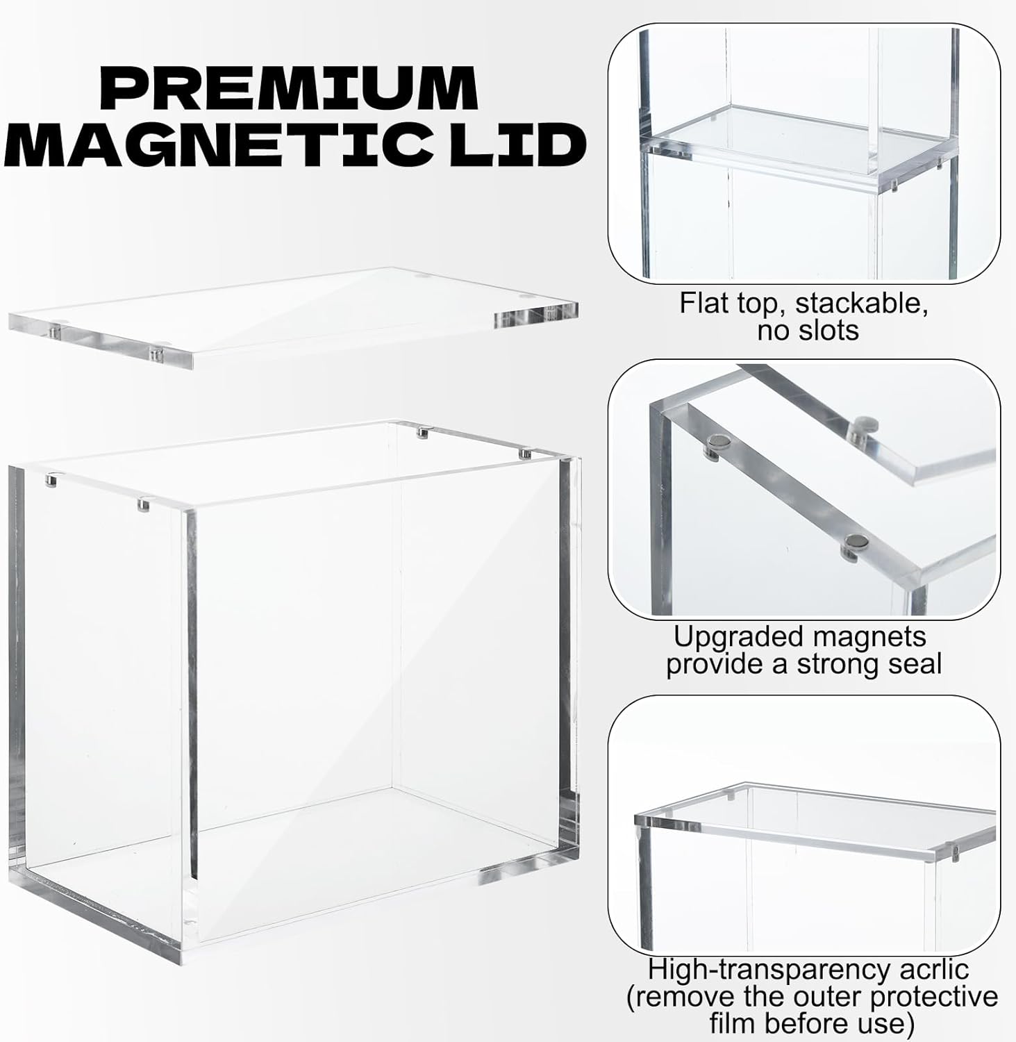 Rainmae 4 Pack Acrylic Magnetic Case Compatible with PKMN Booster Boxes Stackable 5/8mm Thick Booster Box Case Display Protectors Magnetic Closure Booster Box Gifts for Cards Collectors