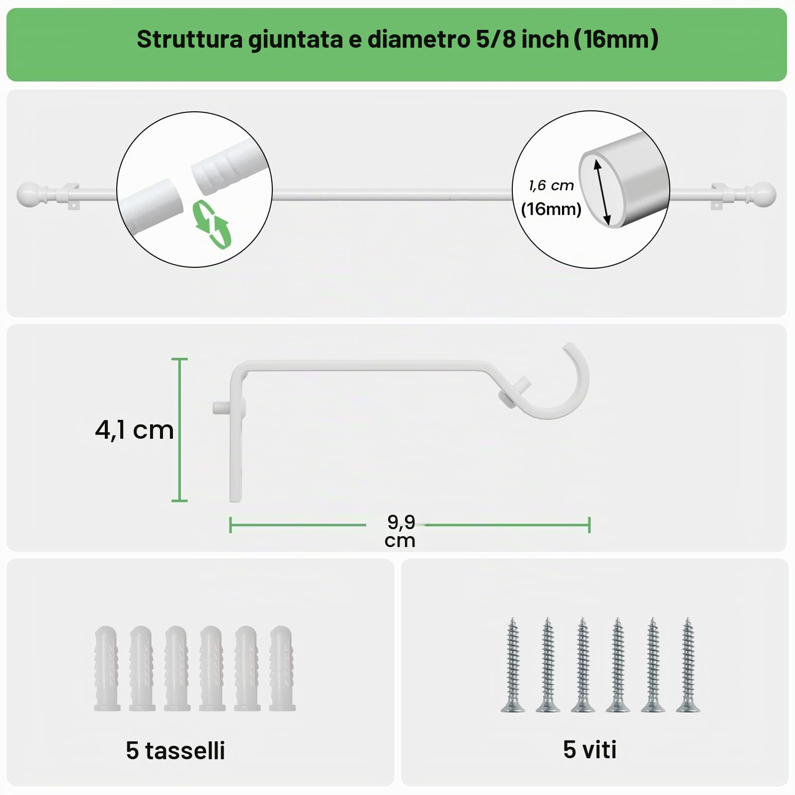 Bastone tenda 3 metri bianco metallo regolabile 5/8 diametro 80-300 cm set con staffa