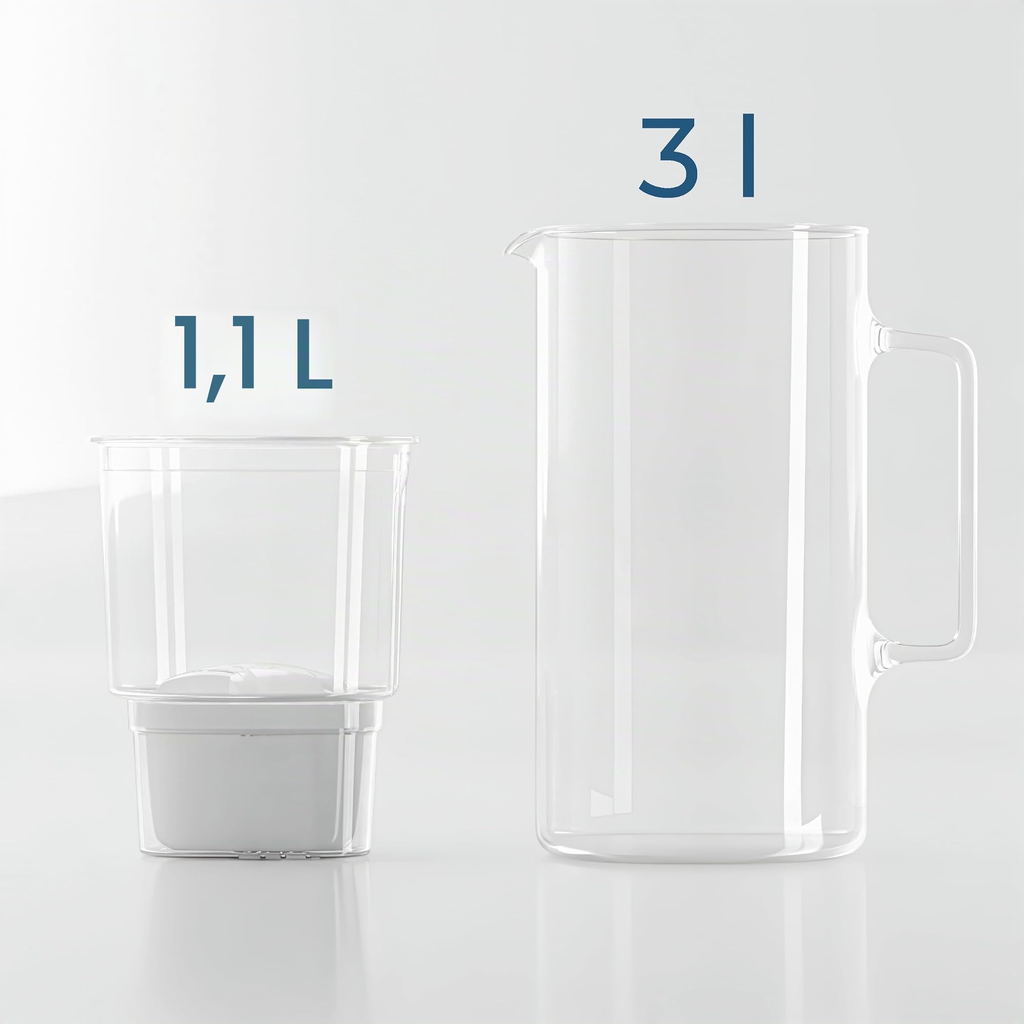 Wessper Carafe filtrante en verre 3 l compatible avec les cartouches filtrantes Brita - Avec 1 cartouche filtrante - Réduit le calcaire et le chlore - Blanc