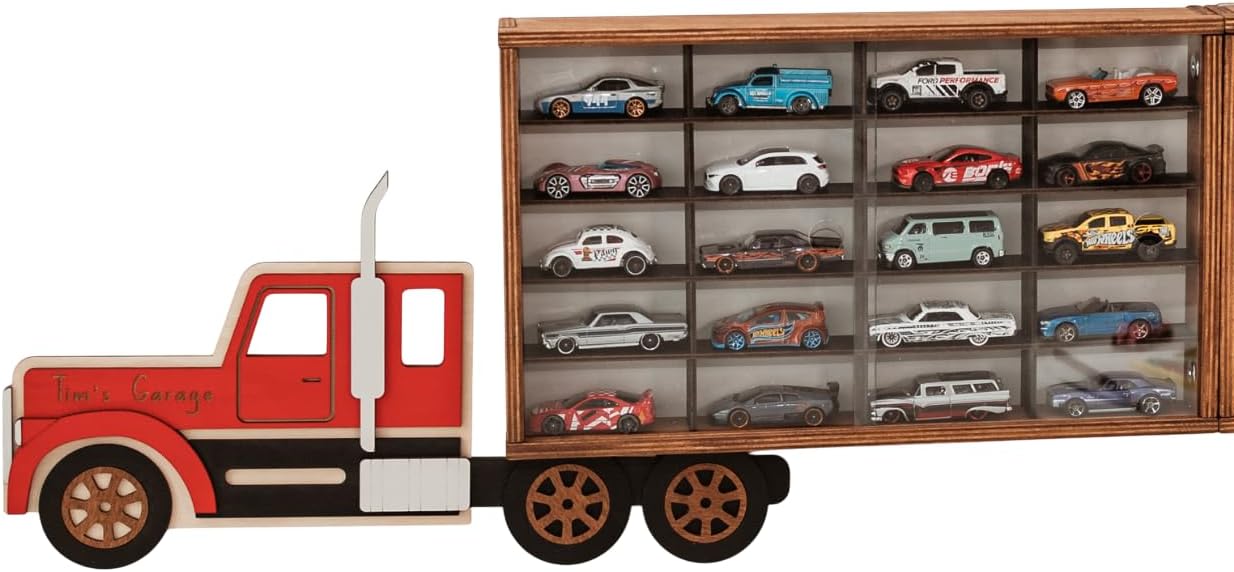 Wooden Toy Car Parking Garage – 1/64 Display Wall-Mounted Case Shelf Organizer for 20/40/80 Cars, Wooden 4-Level Storage, Big Toy Car Compatible, Toy Storage for Toddlers 1–5 Years (Semi Truck)