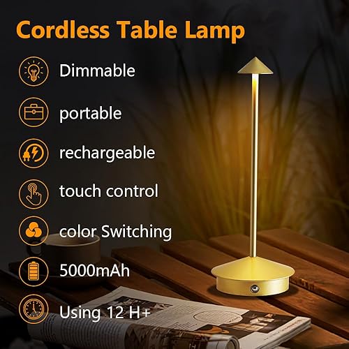 Miniatura 2 de Juego de 2 lámparas de mesa inalámbricas recargables de 5000 mAh, lámpara de escritorio LED portátil con atenuación táctil para exteriores, luz de 3