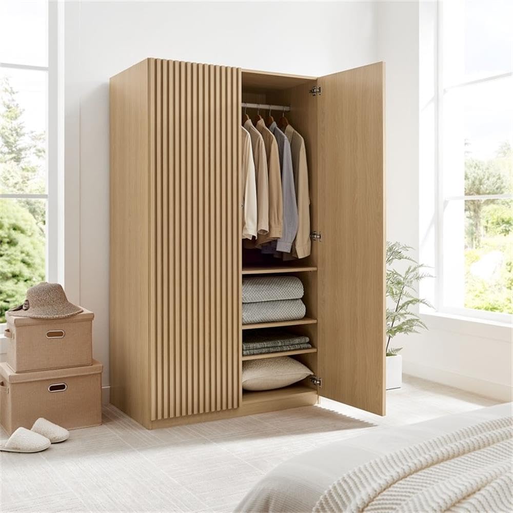 Pemberly Row Freestanding Wardrobe Closet, 71 in, Oak Wood Grain Laminate, Particleboard Construction, Adjustable Shelves, 2 Metal Clothing Bars, Soft-Close Hinged Doors, Bedroom or Living Room