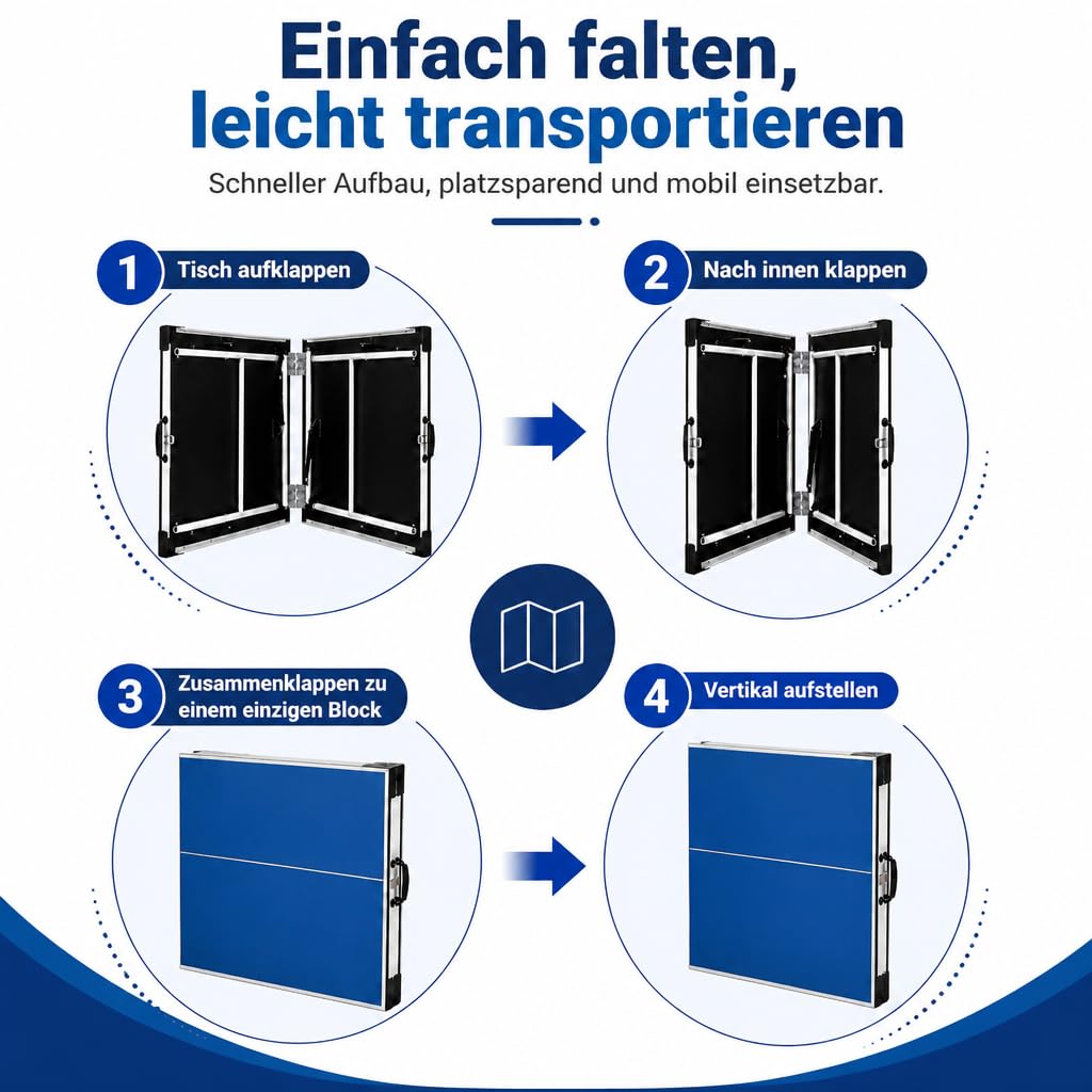 Tischtennisplatte 169cm Outdoor, Tischtennistisch Faltbar mit 6 Stützbeinen und Metallrahmen, Vormontierter Freizeitstisch Platte Stabil, Kompakte Sportplatte für Garten Terrasse Balkon