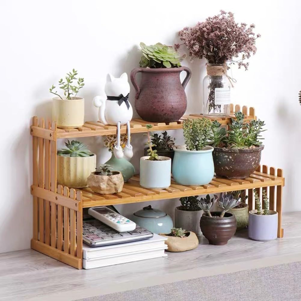 Estante de madera de 2 niveles para plantas para uso de escritorio como soporte para macetas y solución de almacenamiento para organización de espacios pequeños (57 cm)