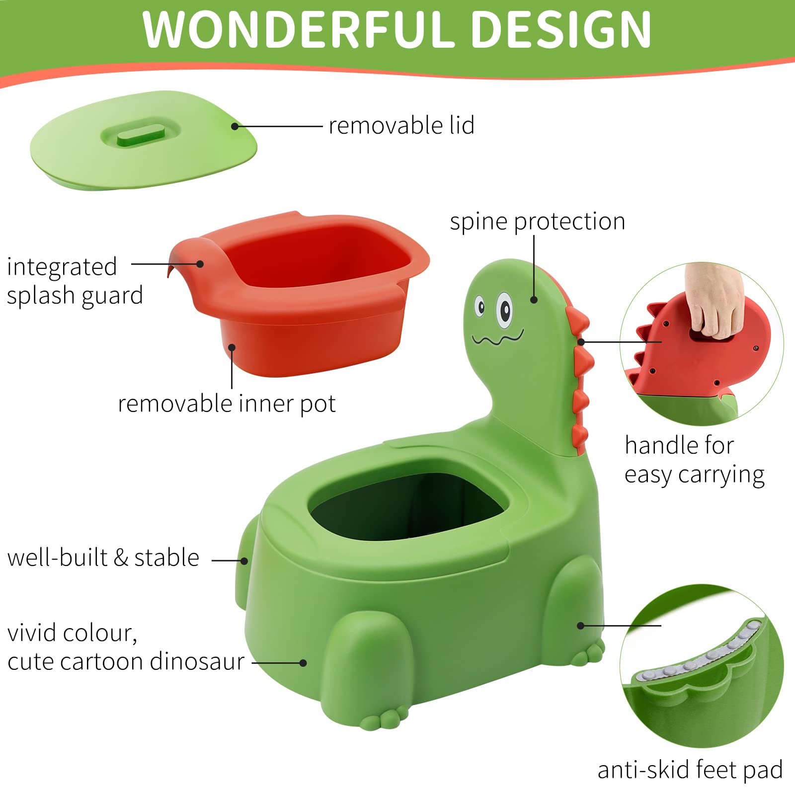 Vasino Bambini Vasetto per Bambini Wc, Toilette per Bambini a Tema Dinosauri, Vasino Portatile per Bambini da 1 a 6 Anni, Vasini Sedile con Coperchio Comodo Cassetto Vasino Mobile, Verde