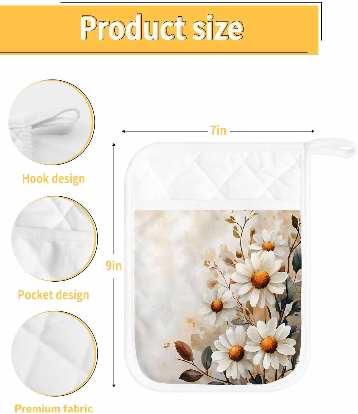 5 Pack Pot Holder with Pocket,Vintage Idyllic Flower Kitchen Potholders Heat Proof Non Slip Pot Holders Sets,White Daisy Floral Art Hot Pads Potholder for Cooking Baking BBQ