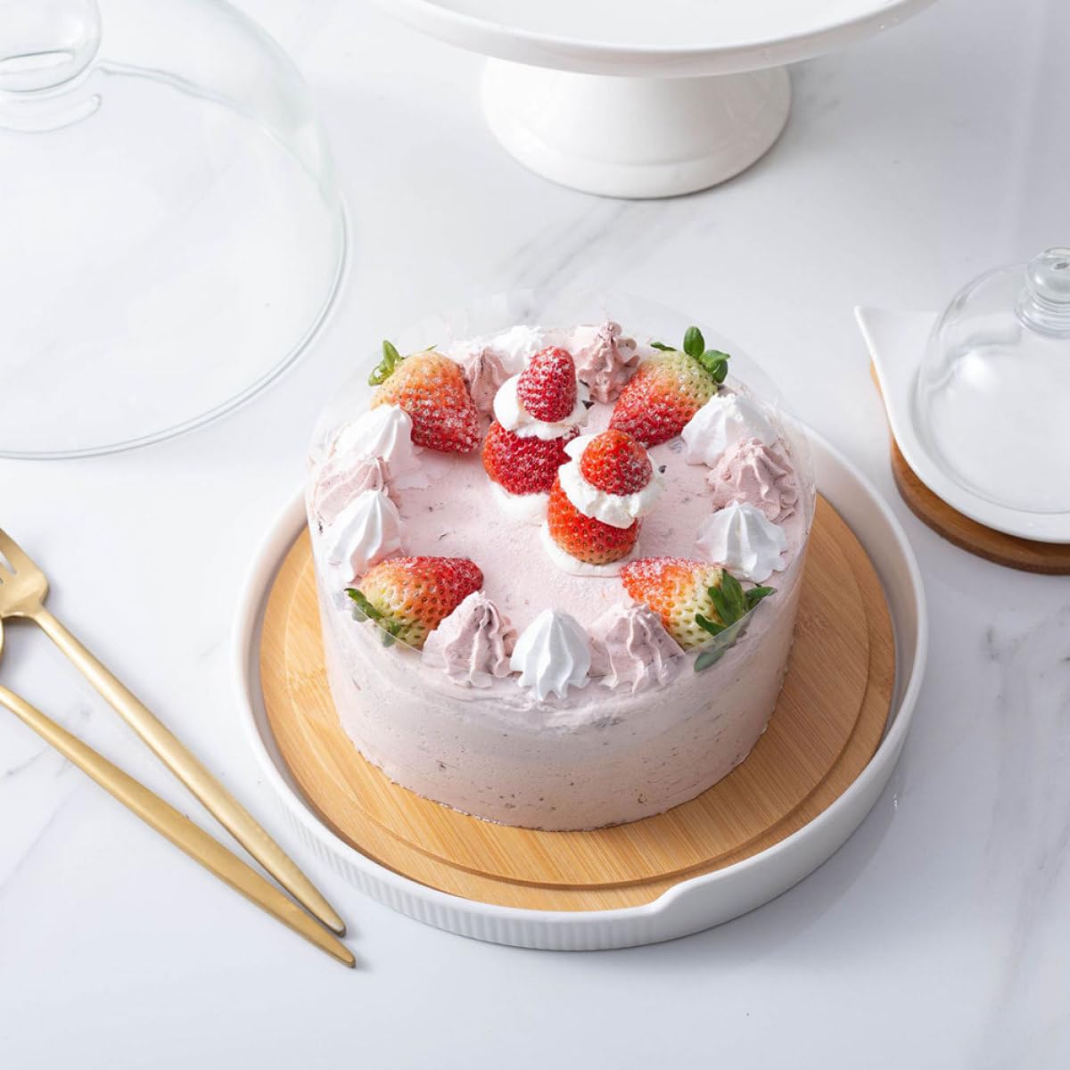 UKCOCO Bandeja para Tartas de Madera con Tapa de Cristal Transparente, Plato Giratorio para Postres, Soporte para Pastelería y Repostería en Hogar y Cocina