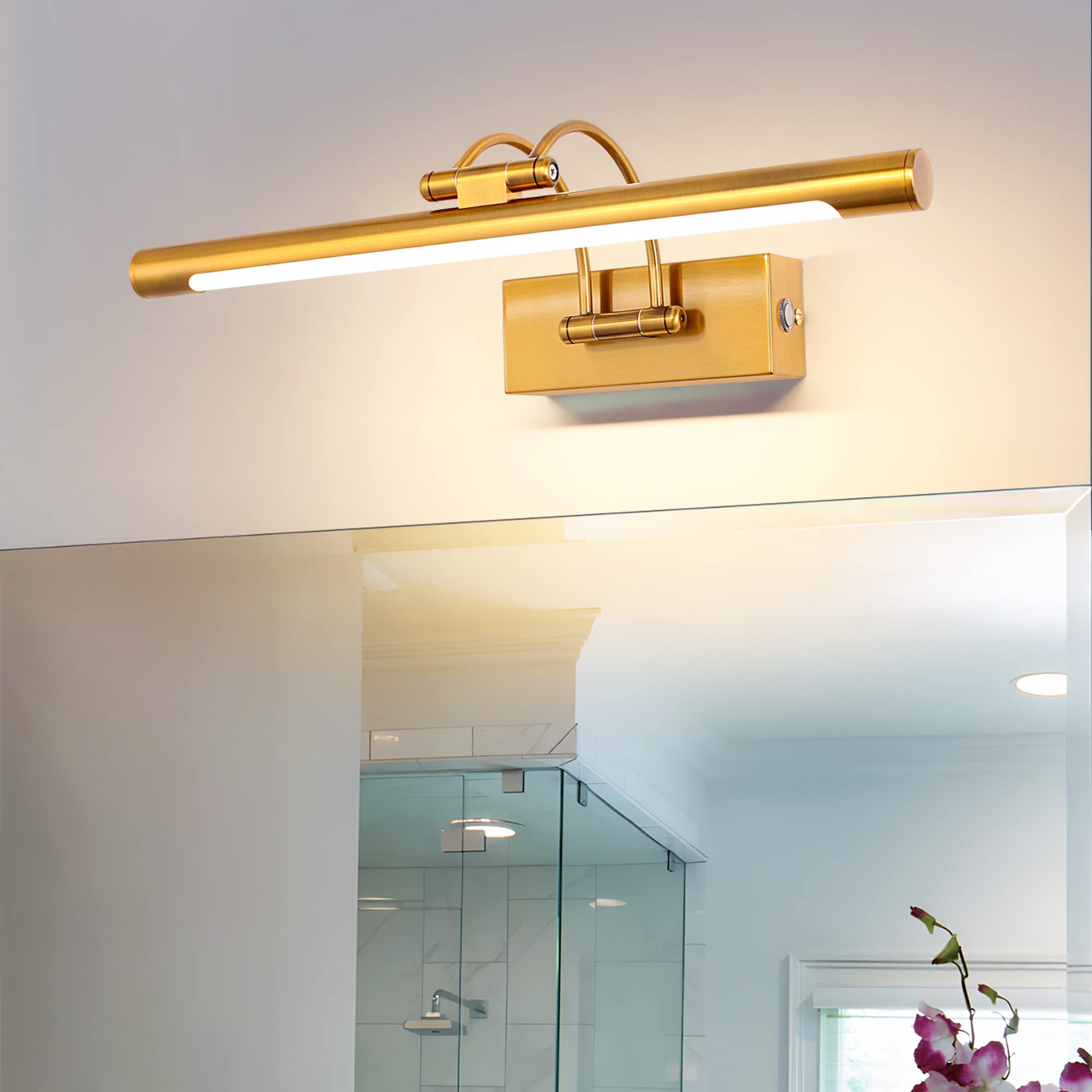 MantoLite LED Regulable Lámparas de Pared 10W,40CM Interior Iluminación para cuadros y expositores Cabeza Giratoria Lectura Lámpara,Latón Mate Baño Espejo Apliques de Pared 3000K/4000K/6000K