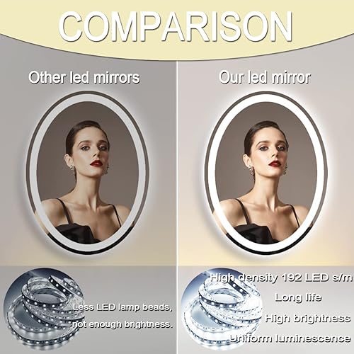Miniatura 5 de Espejo de tocador ovalado de 28 x 36 pulgadas con luces, espejo LED ovalado para baño, espejo iluminado ovalado, regulable, luz de 3 colores, anti