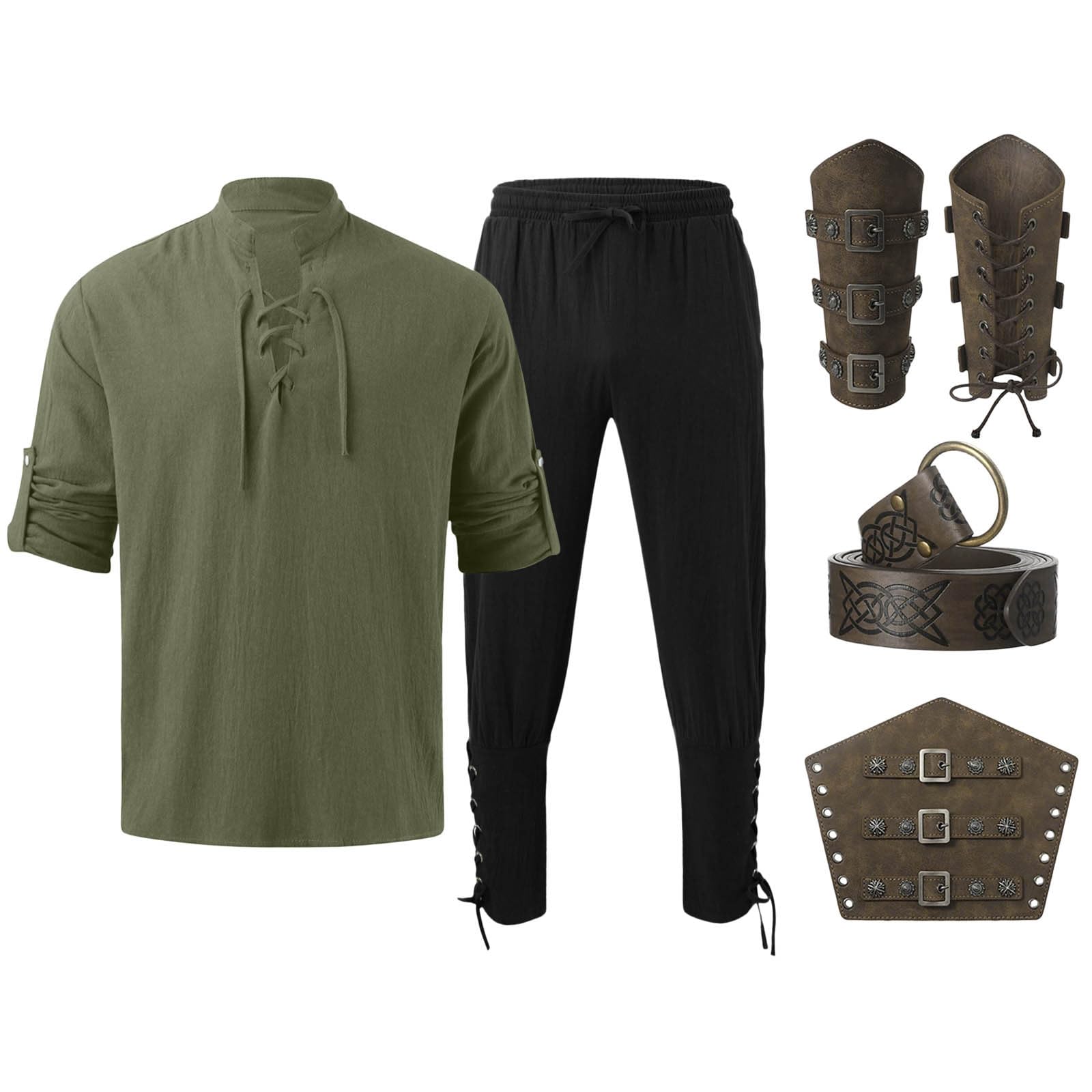 Costume Medieval Homme Costume Viking pour Homme - Ensemble de 4 Pièces avec Chemise en Lin, Pantalon et Accessoires - Vêtements Médiévaux Pirate